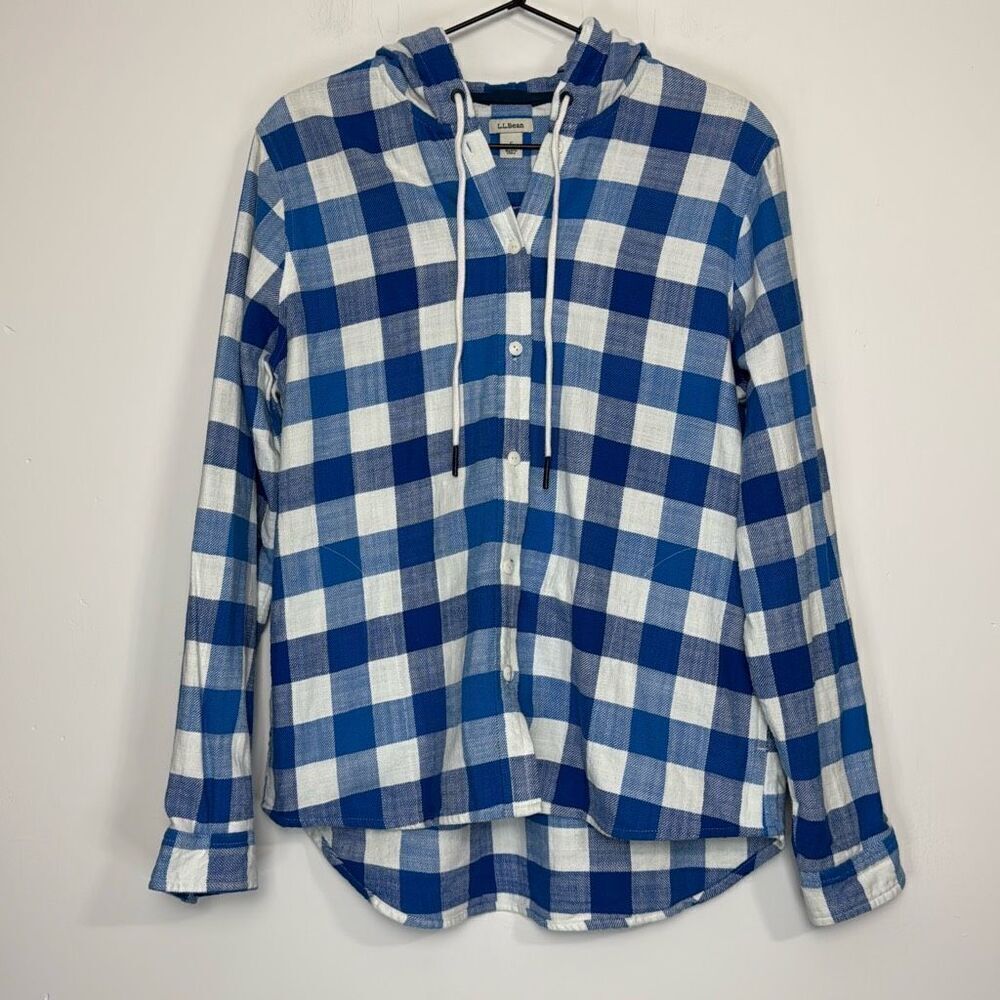 L.L. Bean Blue Plaid Flannel Button Up Hoodie S